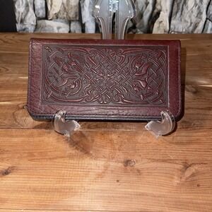 Oberon Design Leather Checkbook Wallet Celtic Knot & Hounds Design Wine Brown